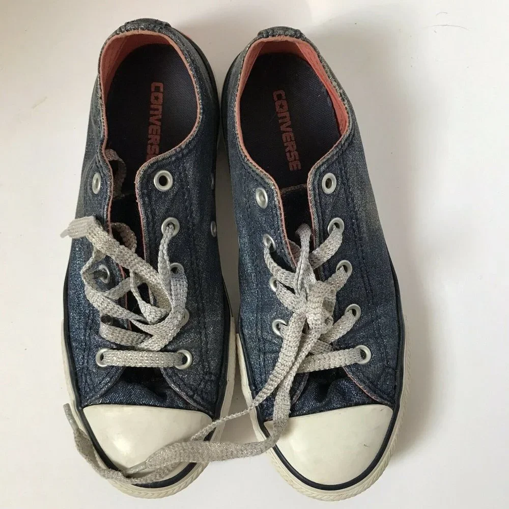 Converse All Star Kids Blue Glitter Denim‎ Low Top Sneakers Silver Laces Size 3Y